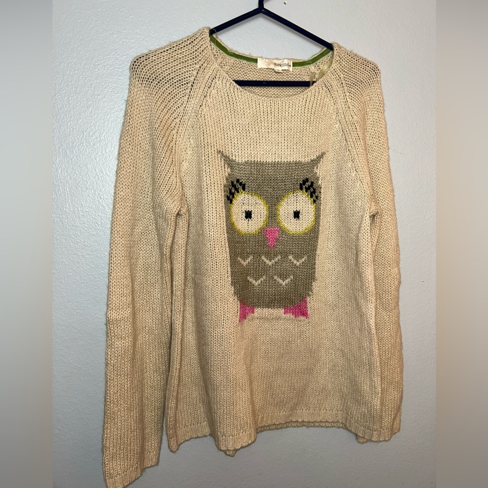 Rewind Owl Knit Pullover Sweater Beifge Tan Size M